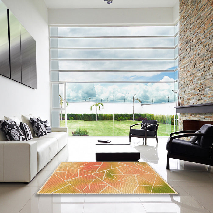 Square Patterned Yellow Orange Rug in a Living Room, pat482org