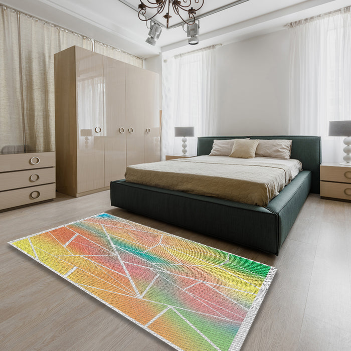 Patterned Brown Gold Modern Rug in a Bedroom, pat482