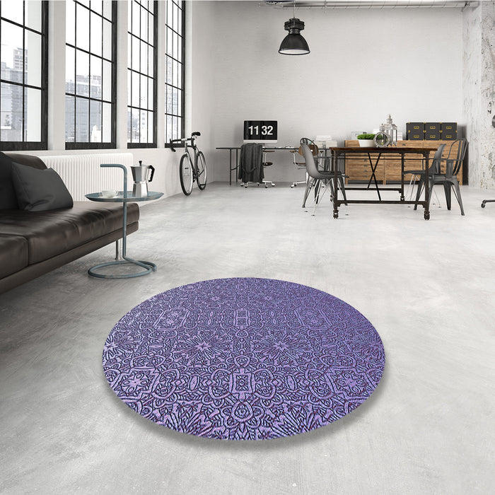 Round Patterned Purple Mimosa Purple Rug in a Office, pat489blu