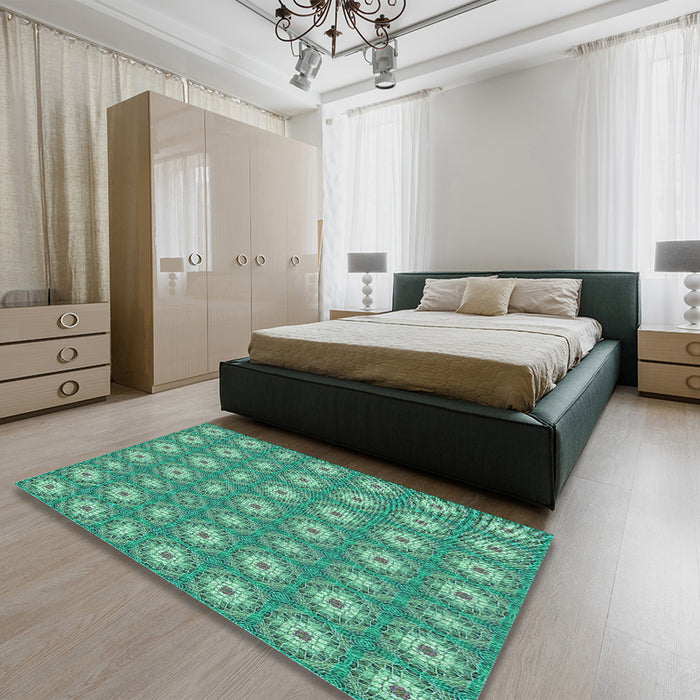 Patterned Turquoise Green Rug in a Bedroom, pat490lblu