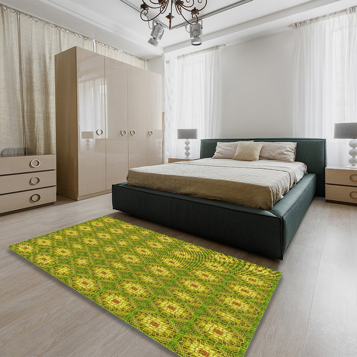 Patterned Olive Green Rug in a Bedroom, pat490yw