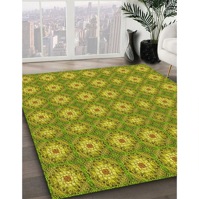 Patterned Olive Green Rug in Family Room, pat490yw