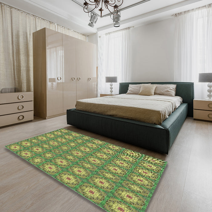 Patterned Antique Bronze Green Novelty Rug in a Bedroom, pat490