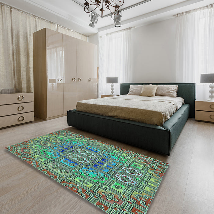 Patterned Green Rug in a Bedroom, pat491lblu