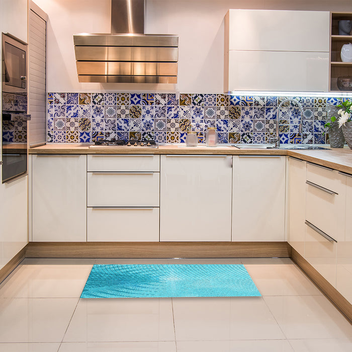Patterned Bright Cyan Blue Rug in a Kitchen, pat494lblu