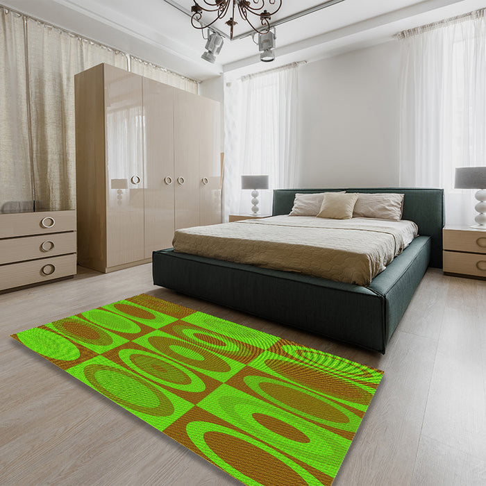 Patterned Dark Yellow Green Rug in a Bedroom, pat497yw