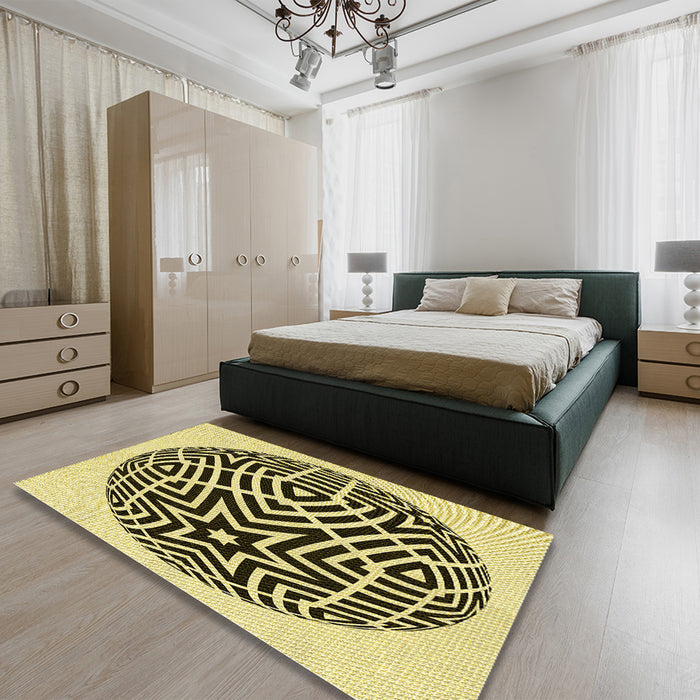 Round Machine Washable Transitional Mustard Yellow Rug in a Office, wshpat507yw