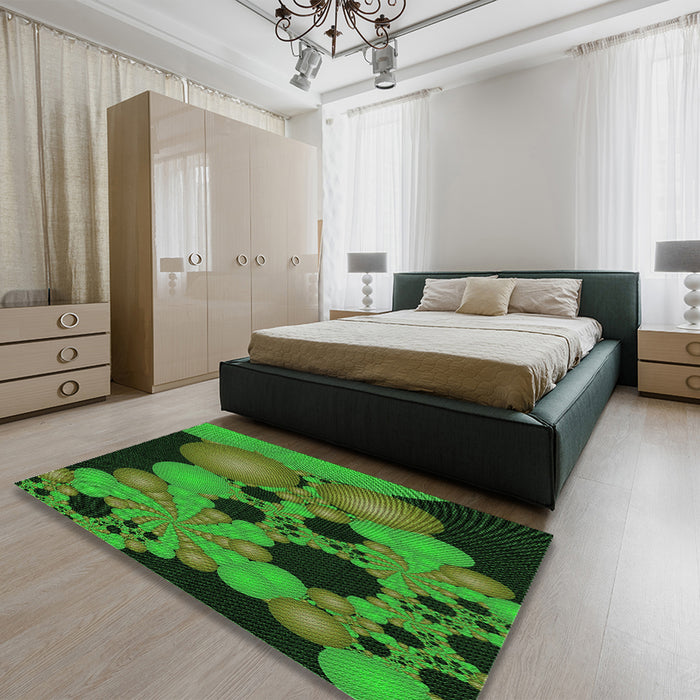 Patterned Dark Forest Green Rug in a Bedroom, pat509grn