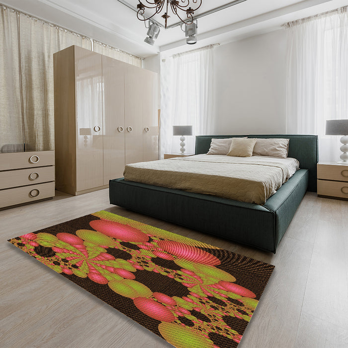 Patterned Saffron Red Rug in a Bedroom, pat509org