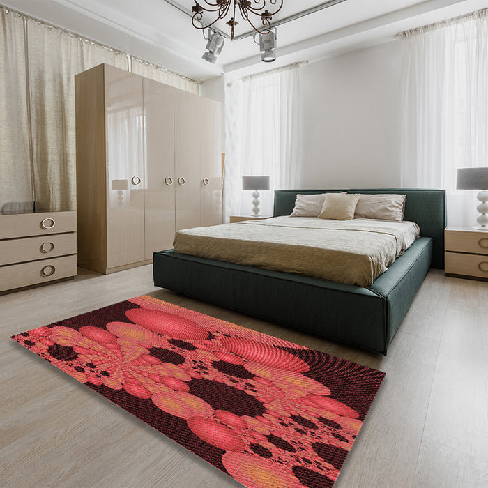 Patterned Cranberry Red Rug in a Bedroom, pat509rd