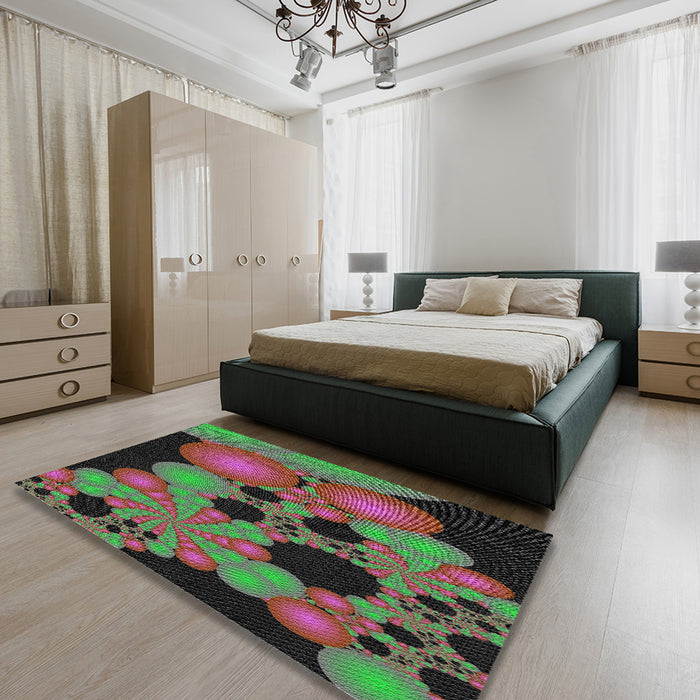 Patterned Forest Green Modern Rug in a Bedroom, pat509