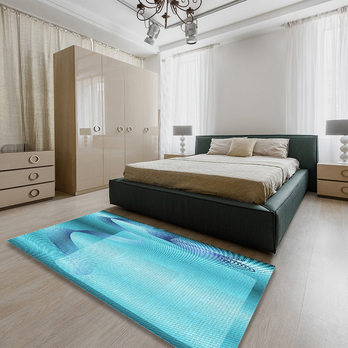 Patterned Dark Turquoise Green Rug in a Bedroom, pat513lblu