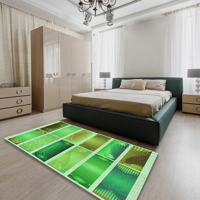 Patterned Dark Lime Green Rug in a Bedroom, pat514grn