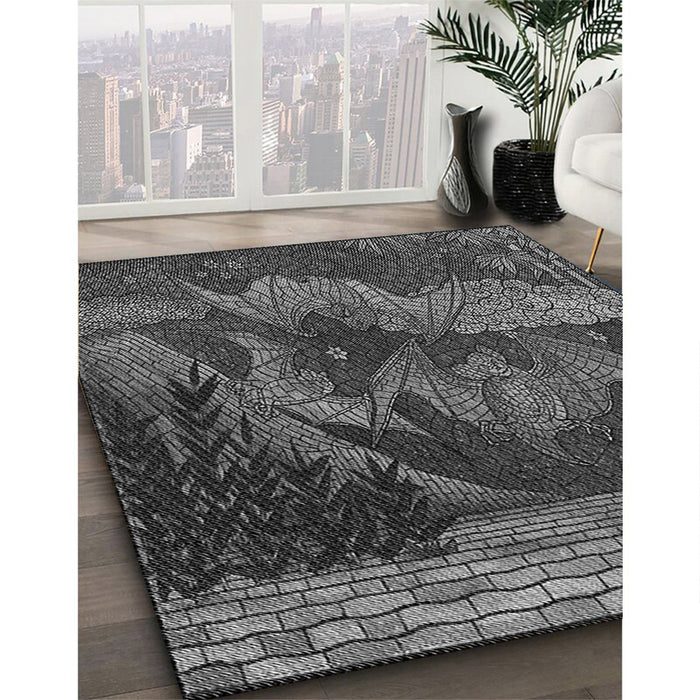 Patterned Charcoal Black Rug in Family Room, pat519gry