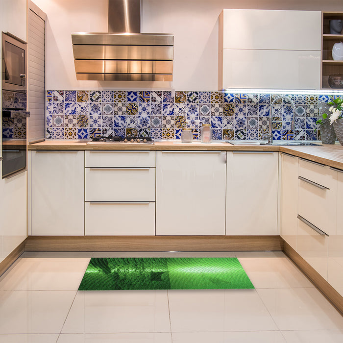 Patterned DarkGreen Rug in a Kitchen, pat521grn