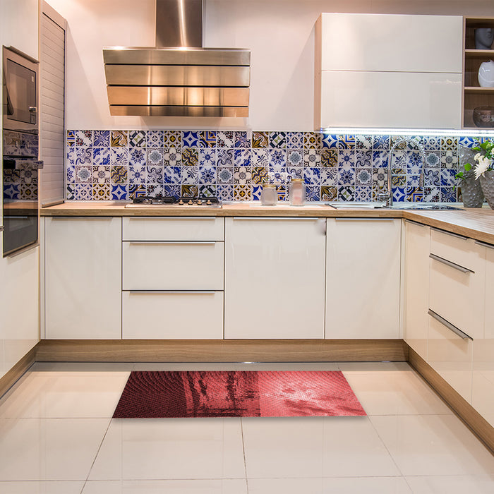 Patterned Cranberry Red Rug in a Kitchen, pat522rd