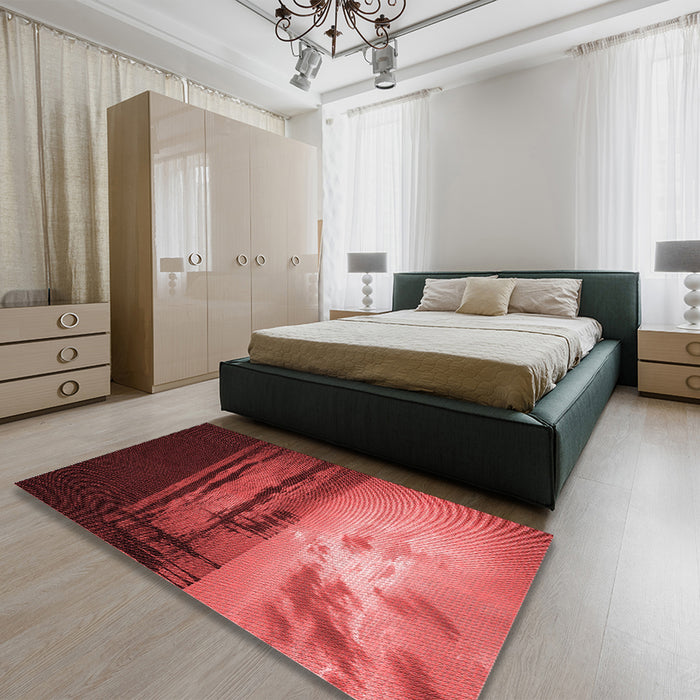 Patterned Cranberry Red Rug in a Bedroom, pat522rd