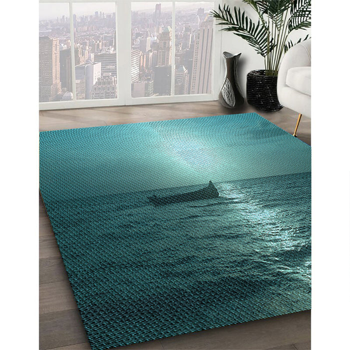 Patterned Medium Teal Green Rug in Family Room, pat523lblu