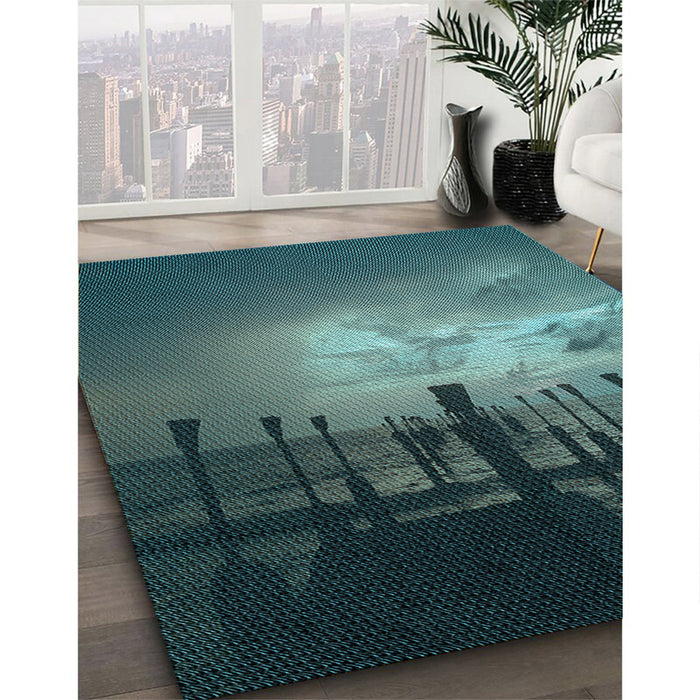 Patterned Deep Teal Green Rug in Family Room, pat524lblu