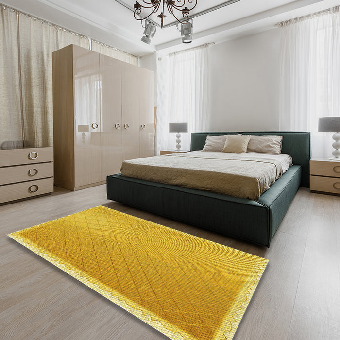 Patterned Bright Gold Yellow Rug in a Bedroom, pat525yw
