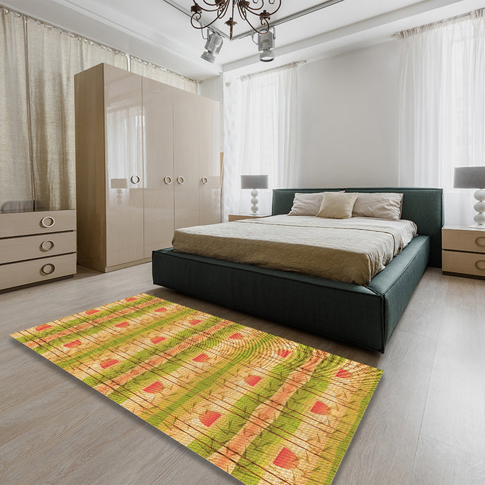 Patterned Golden Brown Yellow Rug in a Bedroom, pat530org