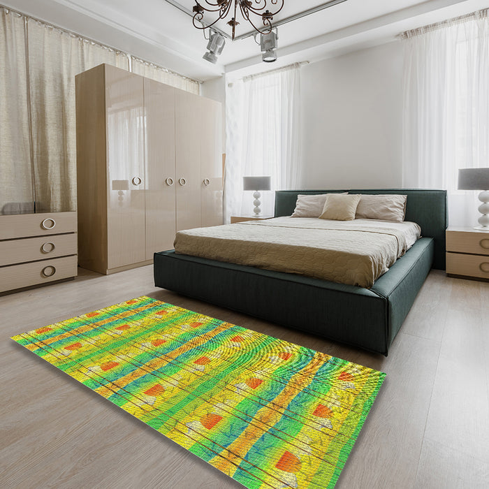 Patterned Dark Yellow Green Novelty Rug in a Bedroom, pat530