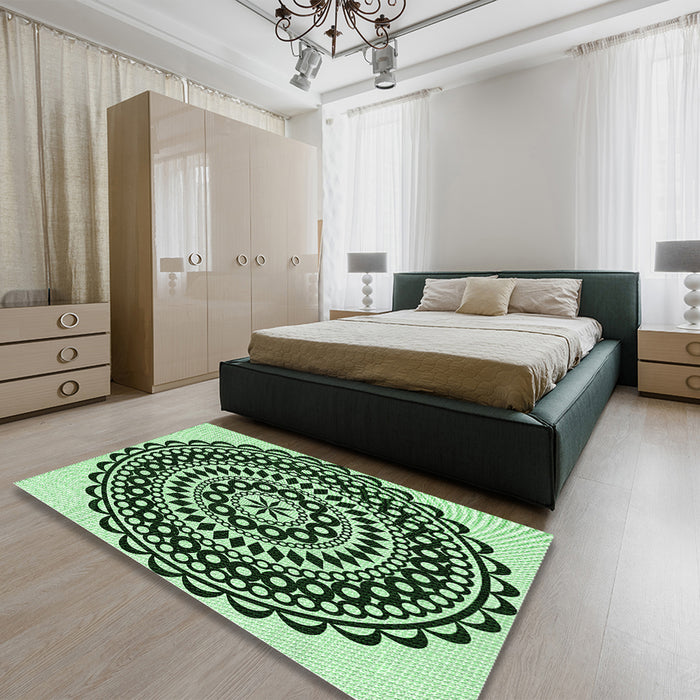 Patterned Dark Forest Green Rug in a Bedroom, pat543grn