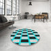 Round Machine Washable Transitional Blue Zircon Blue Rug in a Office, wshpat544