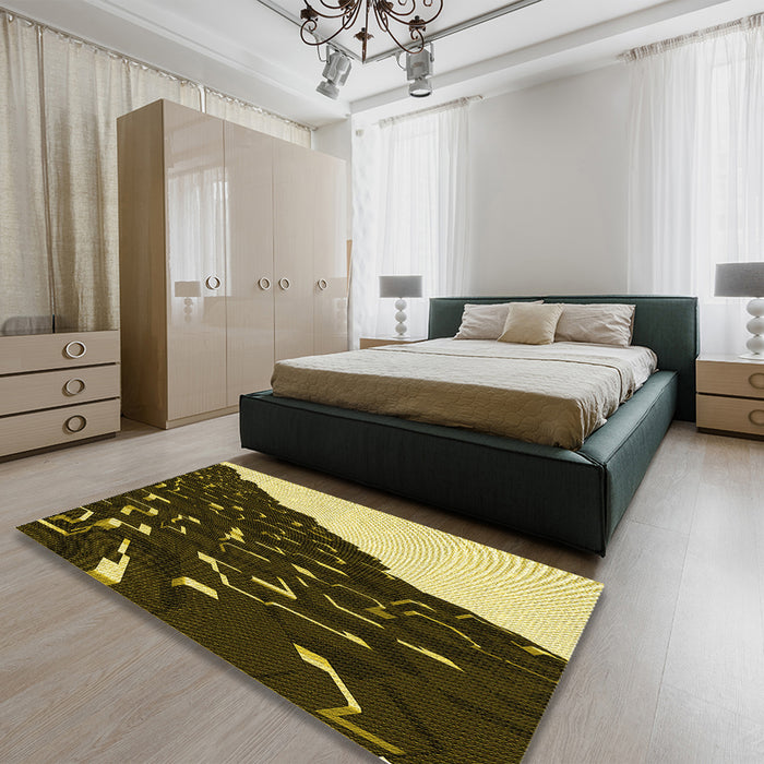 Patterned Black Brown Rug in a Bedroom, pat546yw