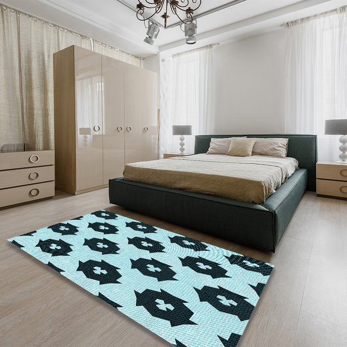 Patterned Medium Teal Green Rug in a Bedroom, pat548lblu
