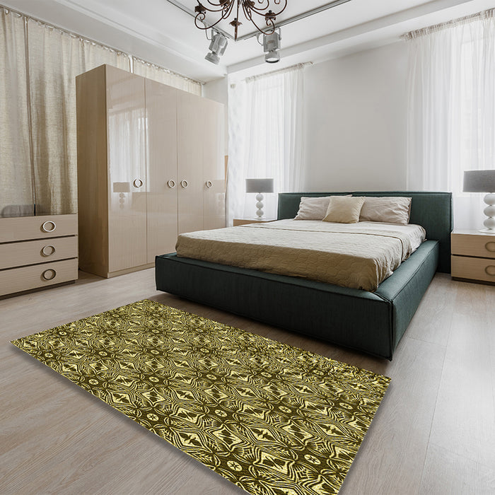 Patterned Golden Brown Yellow Rug in a Bedroom, pat550yw