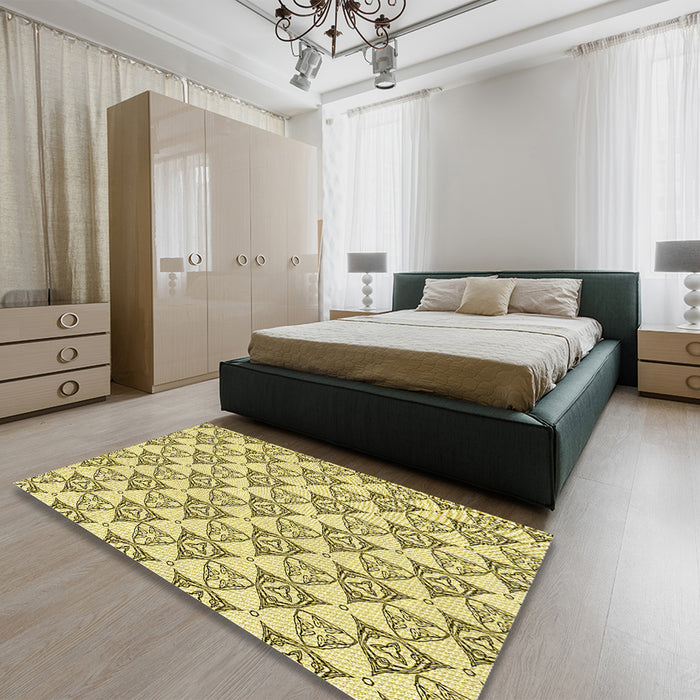 Patterned Dark Golden Brown Rug in a Bedroom, pat552yw