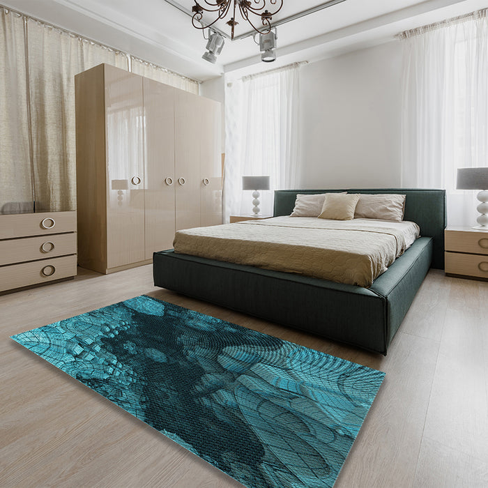Patterned Deep Teal Green Rug in a Bedroom, pat559lblu