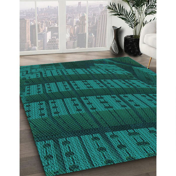 Machine Washable Transitional Dark Cyan Green Rug in a Family Room, wshpat560lblu