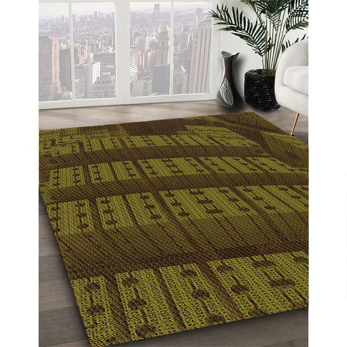 Patterned Dark Yellow Green Rug in Family Room, pat560org