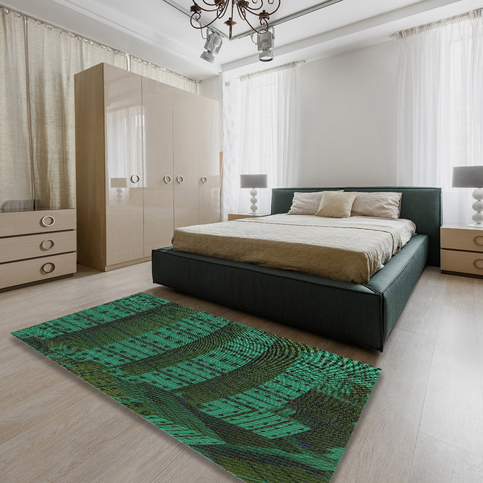 Machine Washable Transitional Dark Forest Green Rug in a Bedroom, wshpat560