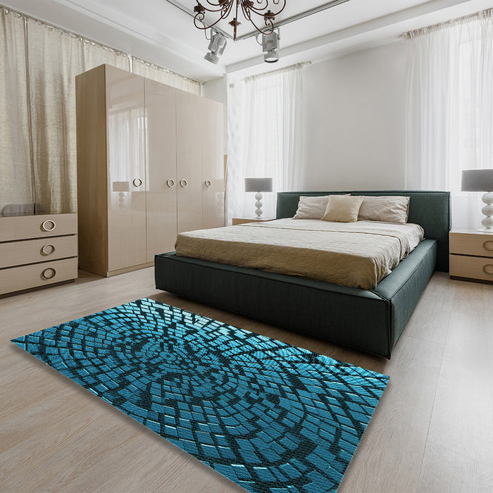 Patterned Dark Turquoise Green Rug in a Bedroom, pat561lblu