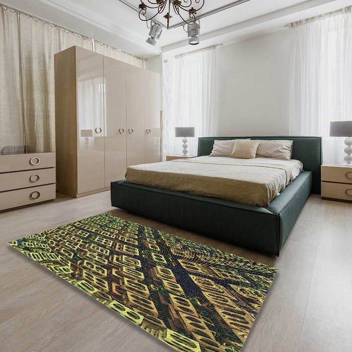 Patterned Copper Green Novelty Rug in a Bedroom, pat562