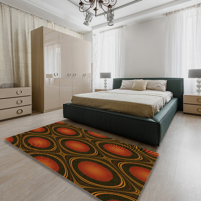 Patterned Saddle Brown Rug in a Bedroom, pat57yw