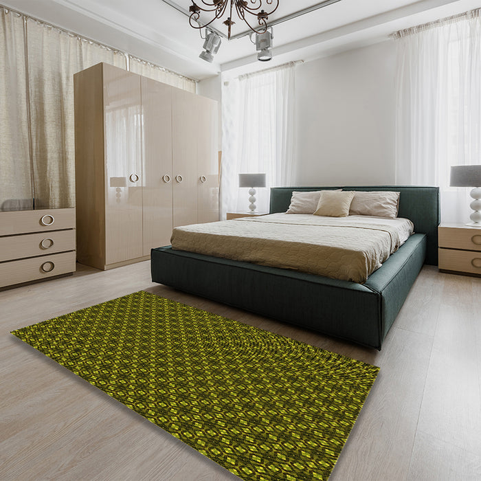 Patterned Dark Yellow Green Rug in a Bedroom, pat572yw