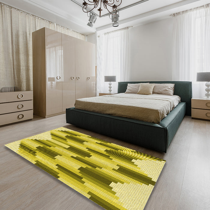 Patterned Dark Yellow Green Rug in a Bedroom, pat581yw