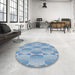 Round Machine Washable Transitional Steel Blue Rug in a Office, wshpat583