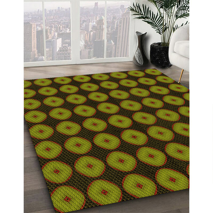 Patterned Dark Yellow Green Rug in Family Room, pat584yw