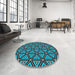 Round Machine Washable Transitional Diamond Blue Rug in a Office, wshpat586