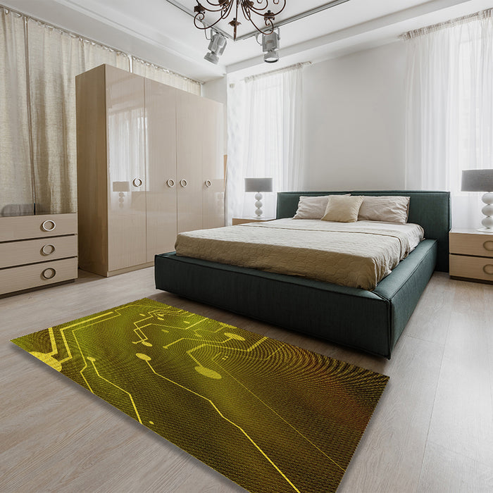 Patterned Dark Yellow Green Rug in a Bedroom, pat587yw