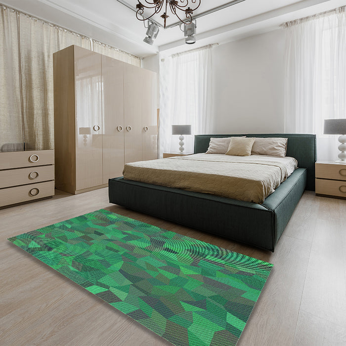 Patterned Deep-Sea Green Rug in a Bedroom, pat588grn
