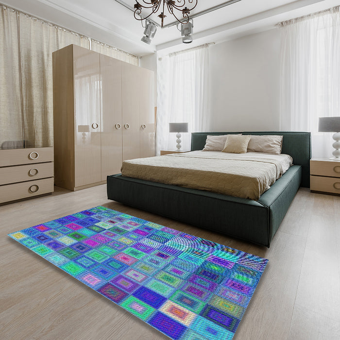 Patterned Sapphire Blue Modern Rug in a Bedroom, pat592