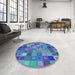 Round Machine Washable Transitional Sapphire Blue Rug in a Office, wshpat592