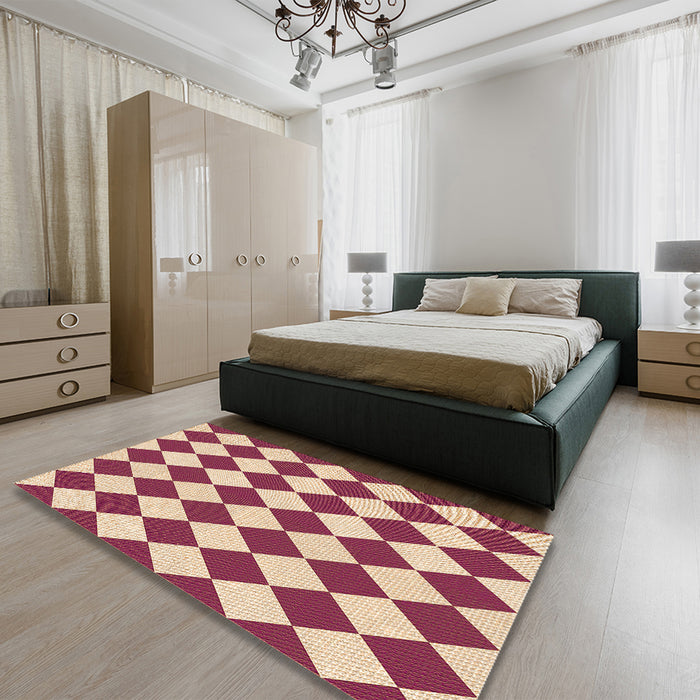 Patterned Crimson Red Rug in a Bedroom, pat593org
