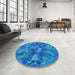 Round Machine Washable Transitional Bright Turquoise Blue Rug in a Office, wshpat597